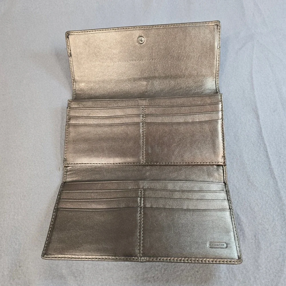 Coach Metallic Bronze Leather Pleated Trifold Wallet Snap Closure 12 Card Slots